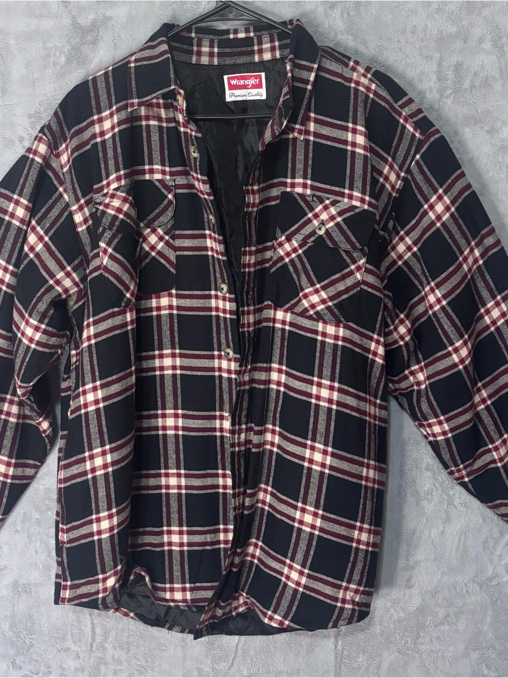 Wrangler Quilted Lined Flannel Shirt Jacket Plaid Black Red Mens Size Large L